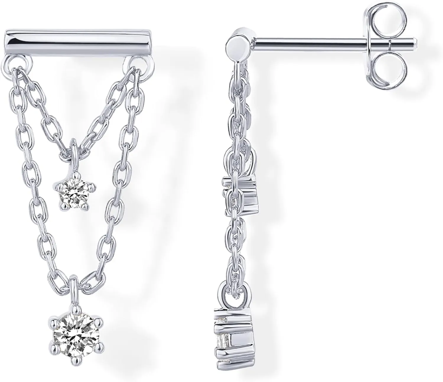 PAVOI 14K Gold Plated 925 Sterling Silver Posts Bar Drape Chain Earrings for Women - Cubic Zirconia Chain Dangle Studs - Drop Dangle Earrings