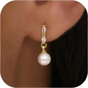 Pearl Earrings for Women - 14K Gold Plated Bridal Pearl Drop Earrings Elegant Wedding Studs for Brides