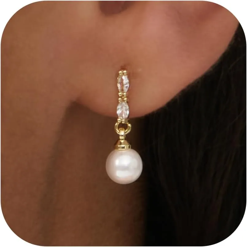 Pearl Earrings for Women - 14K Gold Plated Bridal Pearl Drop Earrings Elegant Wedding Studs for Brides