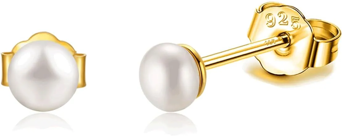 Pearl Stud Earrings Sterling Silver Small Tiny 3-5mm White Freshwater Pearl Earrings Studs Silver/Gold for Women