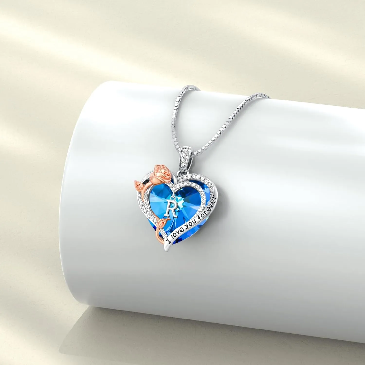 PELOVNY Rose Heart Initial Necklaces for Women S925 Sterling Silver Alphabet Letter Crystal Necklace Initial Pendant Jewelry Gifts for Mom Daughter Wife