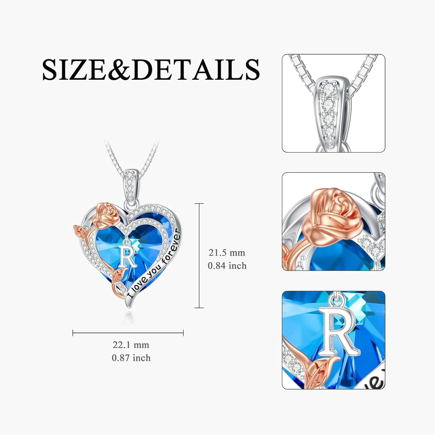 PELOVNY Rose Heart Initial Necklaces for Women S925 Sterling Silver Alphabet Letter Crystal Necklace Initial Pendant Jewelry Gifts for Mom Daughter Wife