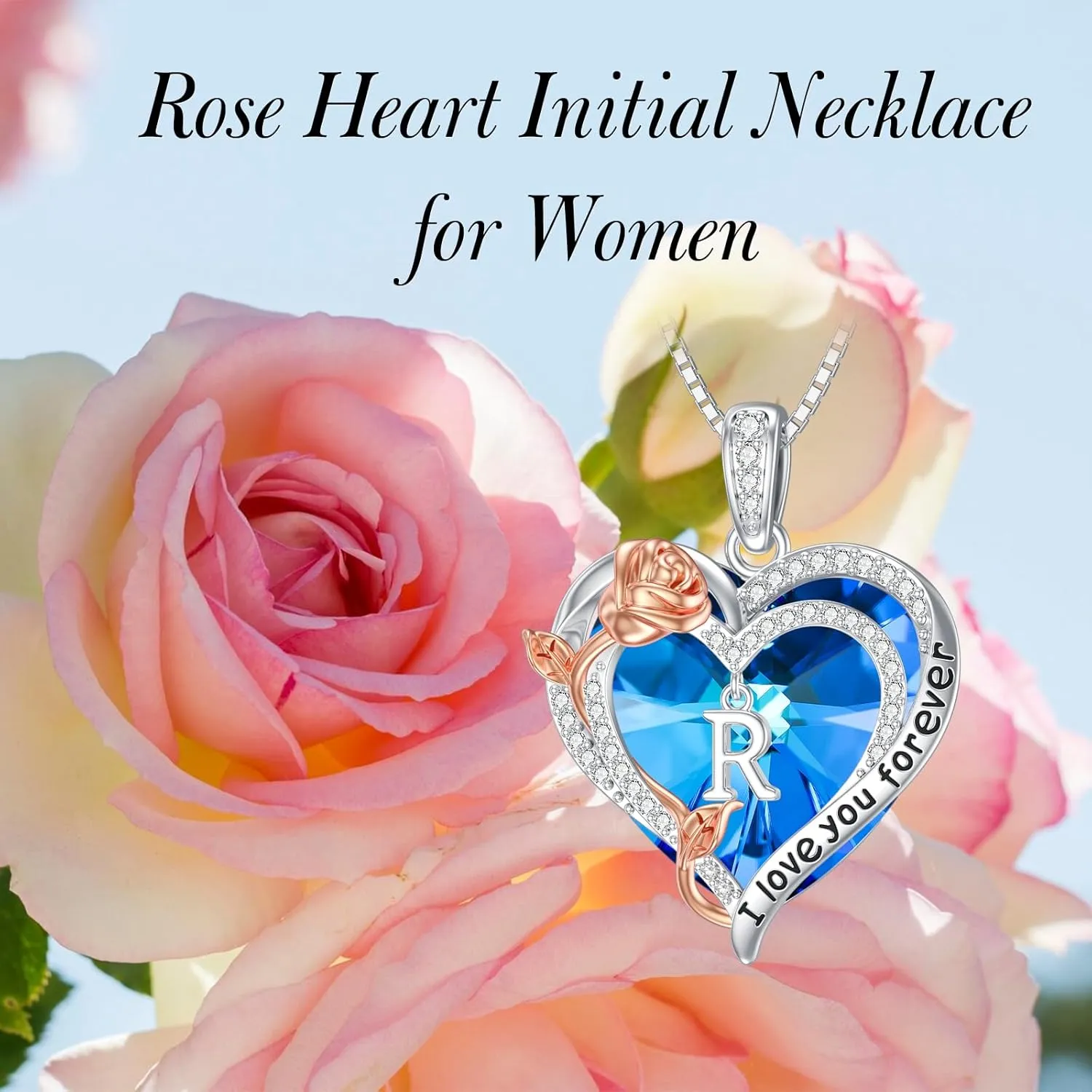 PELOVNY Rose Heart Initial Necklaces for Women S925 Sterling Silver Alphabet Letter Crystal Necklace Initial Pendant Jewelry Gifts for Mom Daughter Wife