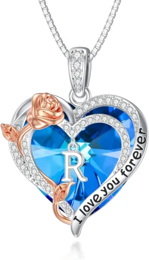 PELOVNY Rose Heart Initial Necklaces for Women S925 Sterling Silver Alphabet Letter Crystal Necklace Initial Pendant Jewelry Gifts for Mom Daughter Wife
