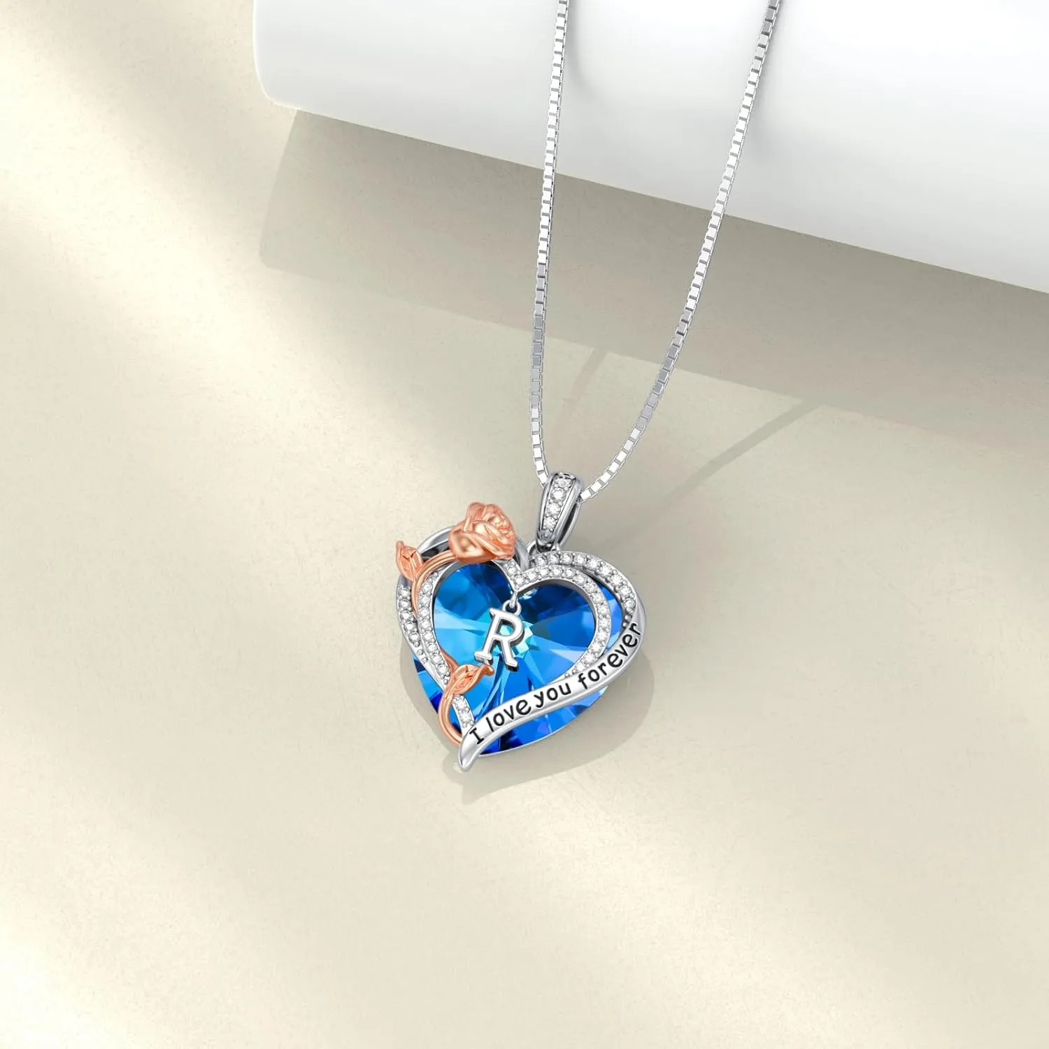 PELOVNY Rose Heart Initial Necklaces for Women S925 Sterling Silver Alphabet Letter Crystal Necklace Initial Pendant Jewelry Gifts for Mom Daughter Wife