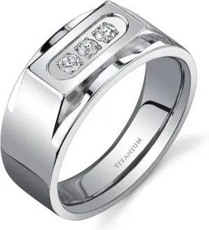 PEORA Men's Genuine Titanium Wedding Ring Band, 10mm, Designer 3-Stone Flat Top, Comfort Fit, Sizes 8 to 13