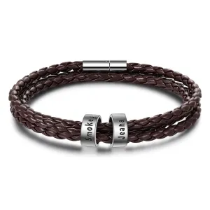 Personalized 2 Names Brown Braided Rope Leather Bracelet