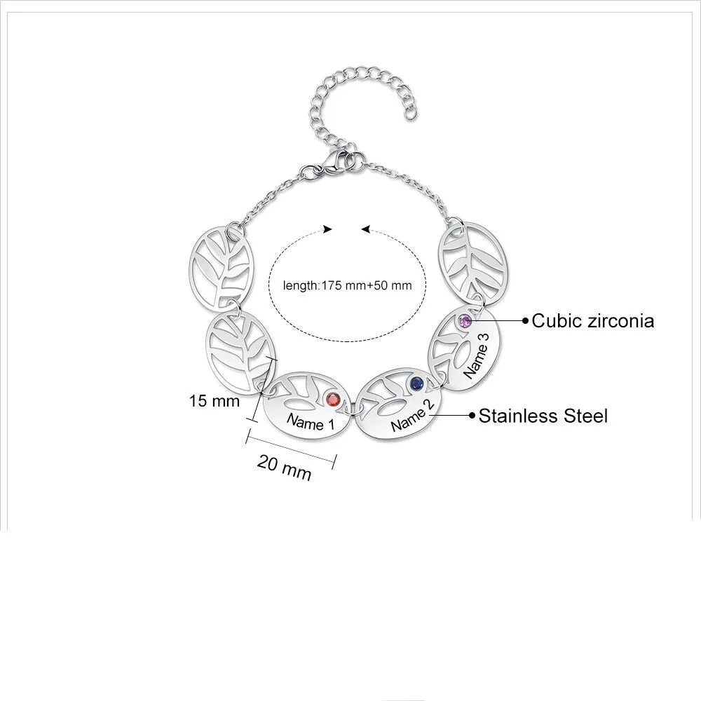 Personalized 3 Names Engraving Leaf Charm Bracelet