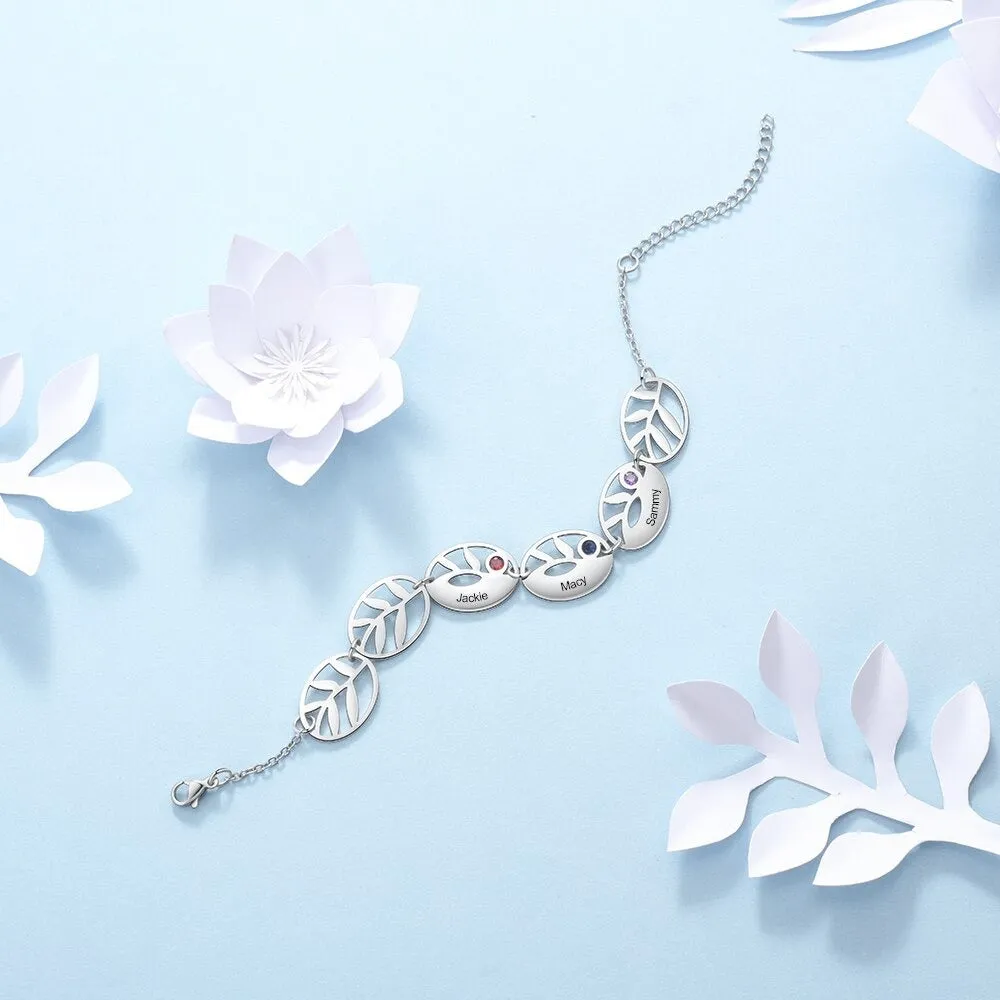 Personalized 3 Names Engraving Leaf Charm Bracelet