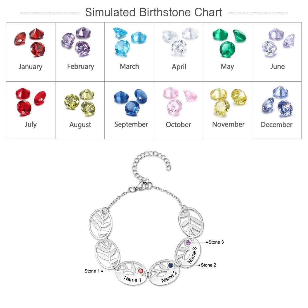 Personalized 3 Names Engraving Leaf Charm Bracelet