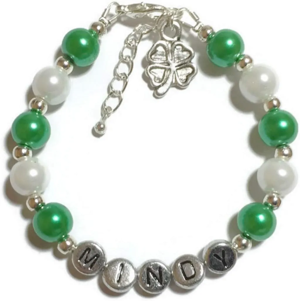 Personalized 4-Leaf CLOVER Charm Irish St. Patrick's Day Girl's Bracelet-Gift For Her-Gift For Daughter/Granddaughter-Friend-Party Favor St. Patrick's Day Jewelry-Green Beaded Bracelet-Strung Bracelet