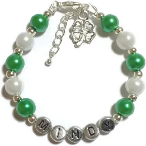 Personalized 4-Leaf CLOVER Charm Irish St. Patrick's Day Girl's Bracelet-Gift For Her-Gift For Daughter/Granddaughter-Friend-Party Favor St. Patrick's Day Jewelry-Green Beaded Bracelet-Strung Bracelet