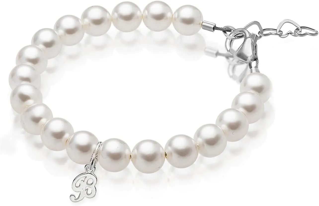 Personalized Baby Gifts, Initial Bracelet with White Pearl, Sterling Silver Alphabet Letter Charm Bracelet, Custom Bracelets for Girls, Birthday Gifts, Baptism, Toddler, Teen, Kids jewelry