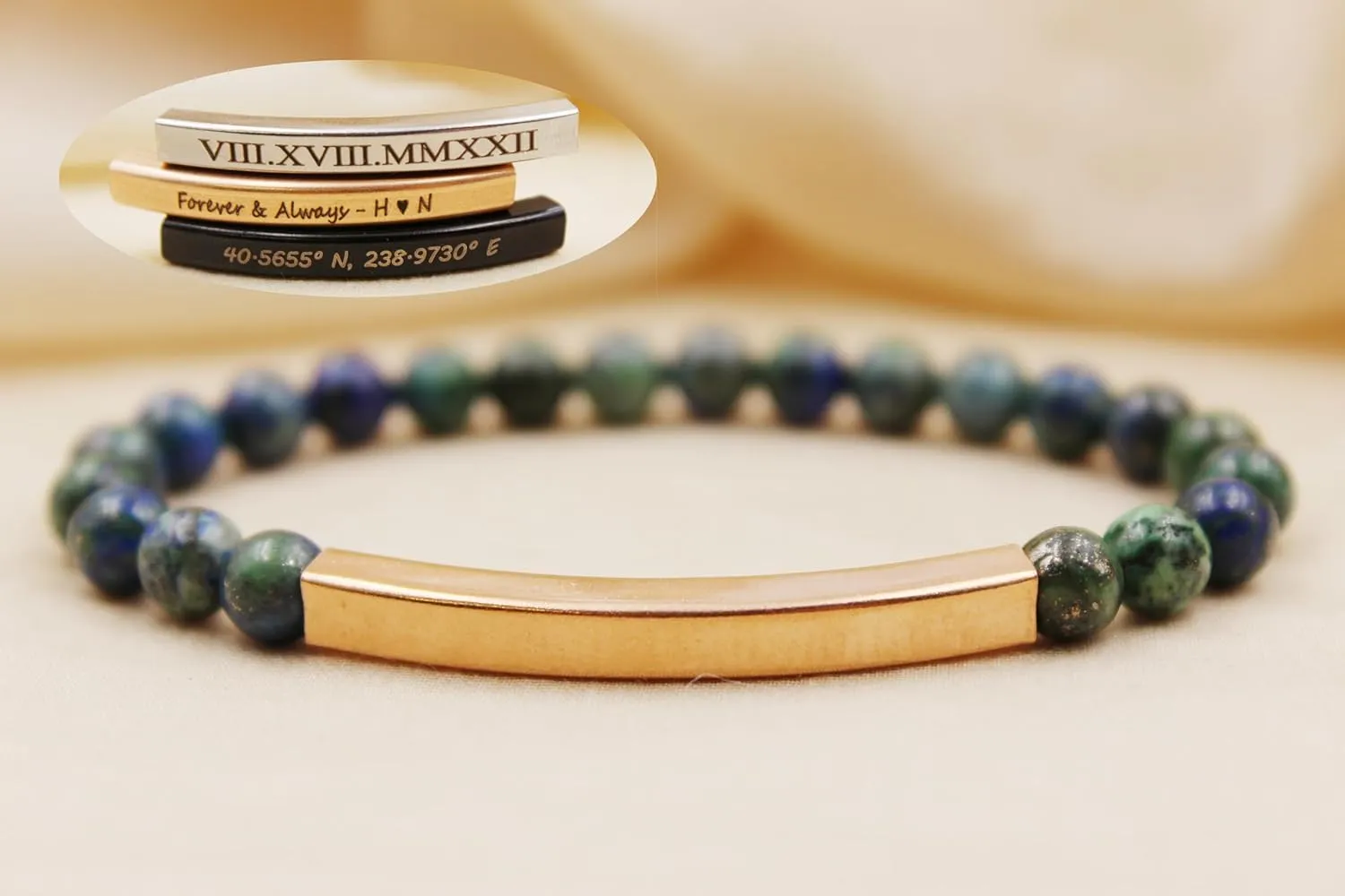 Personalized Beaded Bracelets, 6mm Gemstone Bracelet, Laser Engraved Bracelet, Customized Beaded Bracelet, Personalized Jewelry Gifts (Azurite Malachite)