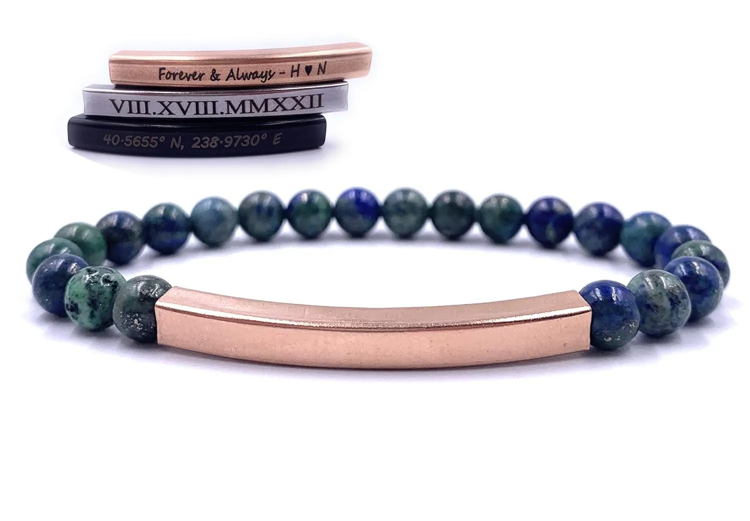 Personalized Beaded Bracelets, 6mm Gemstone Bracelet, Laser Engraved Bracelet, Customized Beaded Bracelet, Personalized Jewelry Gifts (Azurite Malachite)