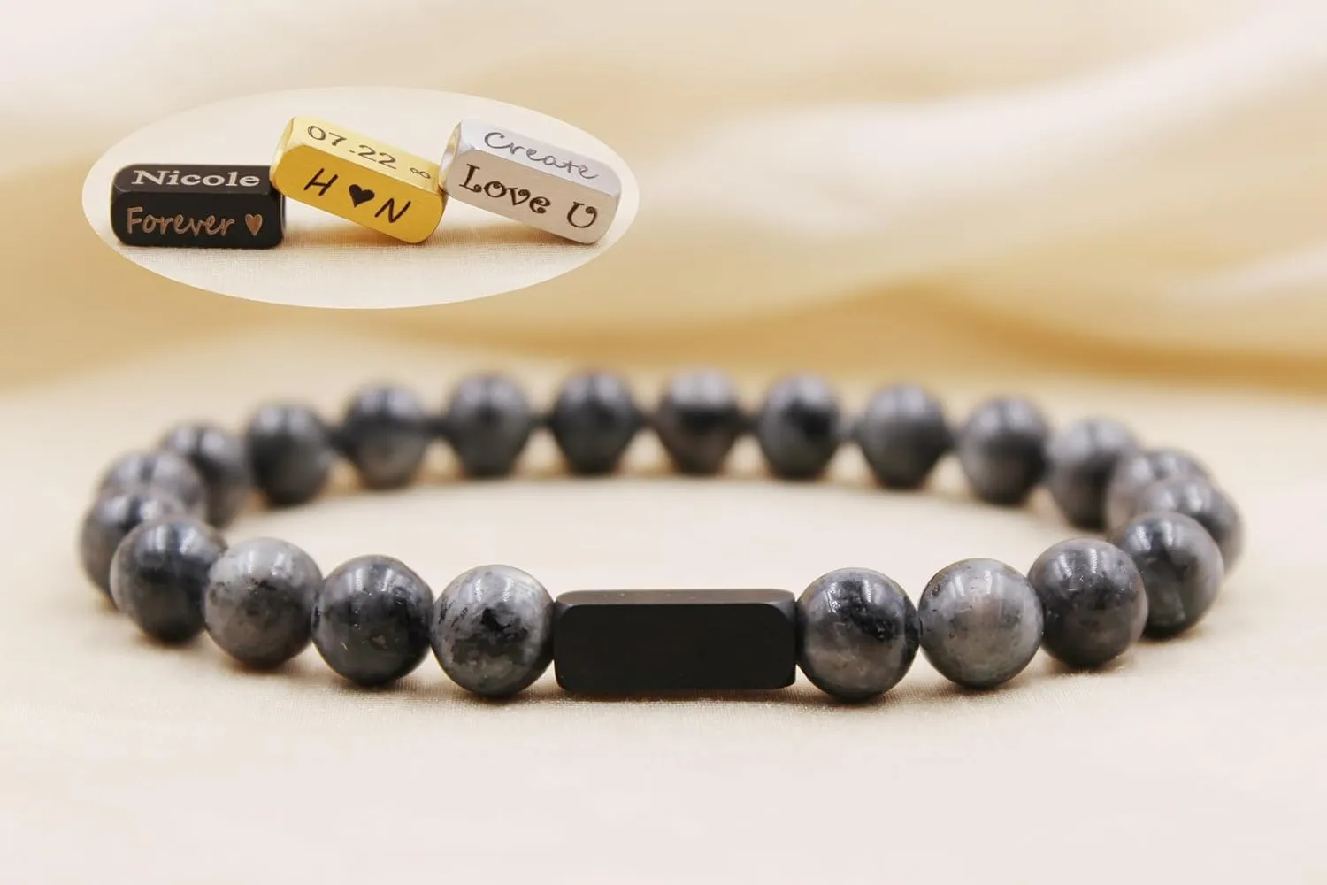 Personalized Beaded Bracelets, 8mm Gemstone Bracelet, Laser Engraved Bracelet, Customized Beaded Bracelet, Personalized Jewelry Gifts (Black Labradorite)