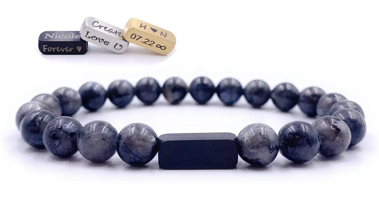 Personalized Beaded Bracelets, 8mm Gemstone Bracelet, Laser Engraved Bracelet, Customized Beaded Bracelet, Personalized Jewelry Gifts (Black Labradorite)