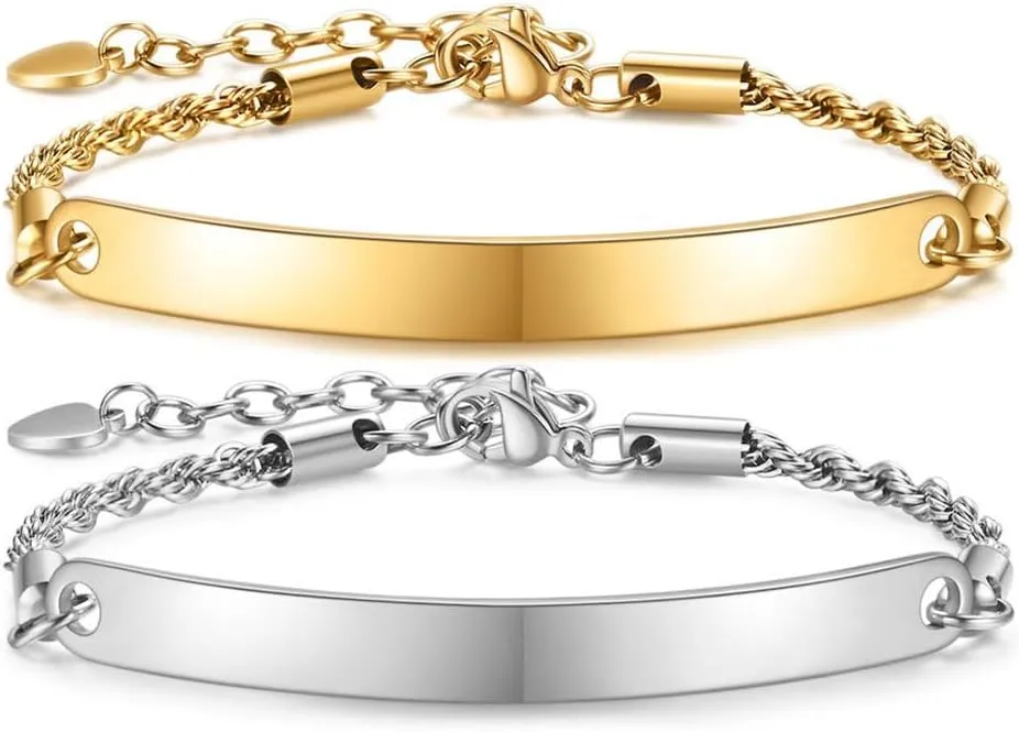 Personalized BFF Bracelets for 2-Customize Stainless Steel Initial Nameplate Thin Bar ID Twist Chain Adjustable Bracelets for Sisters,BFF Friendship Jewelry,Bridesmaid Gift