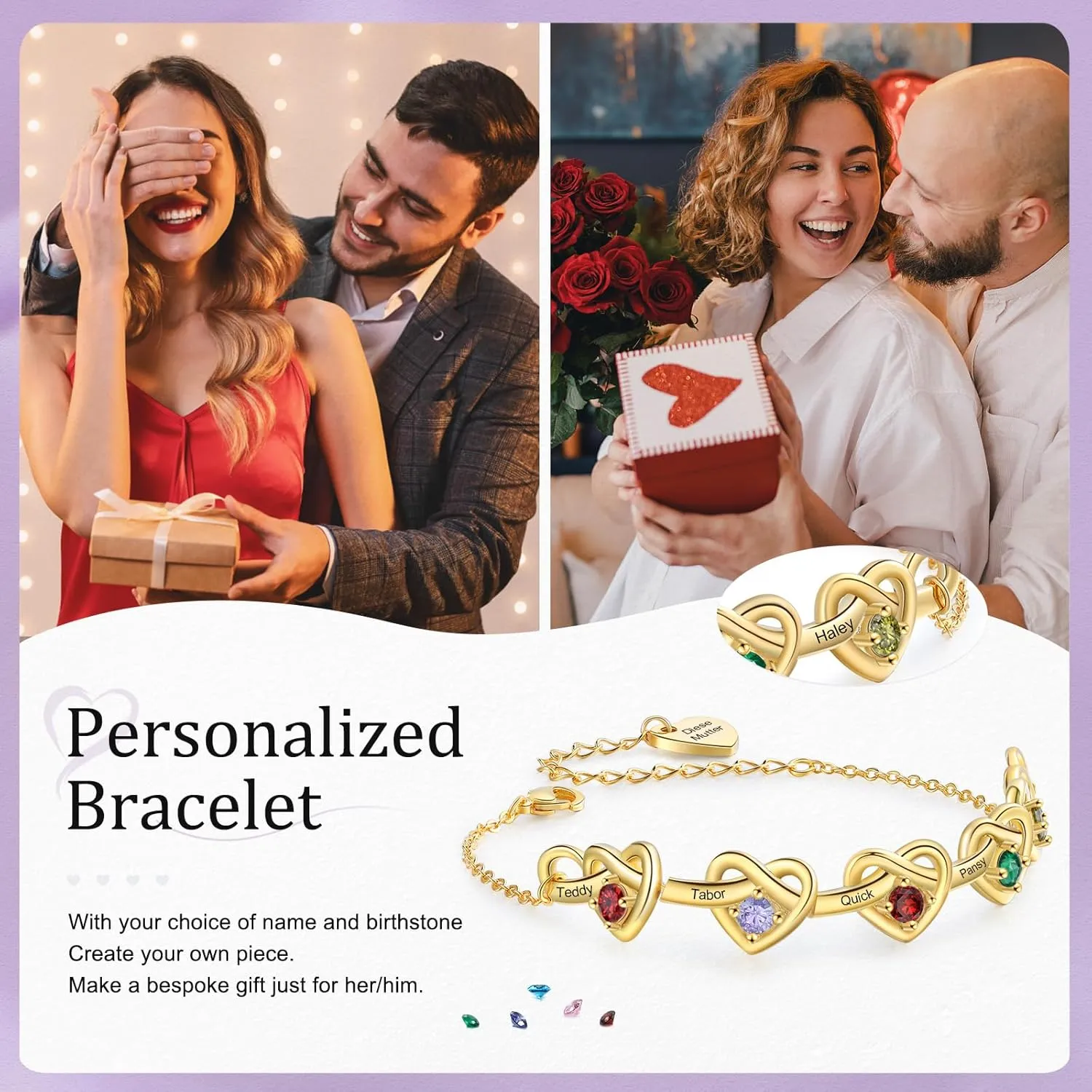 Personalized Bracelets for Women, Mother's Day Gift for Mom, Grandma, Wife, Daughter, Mother Birthstone Bracelet with Egraved Names Custom Charm Bracelet Promise Jewelry, 2-6 Names