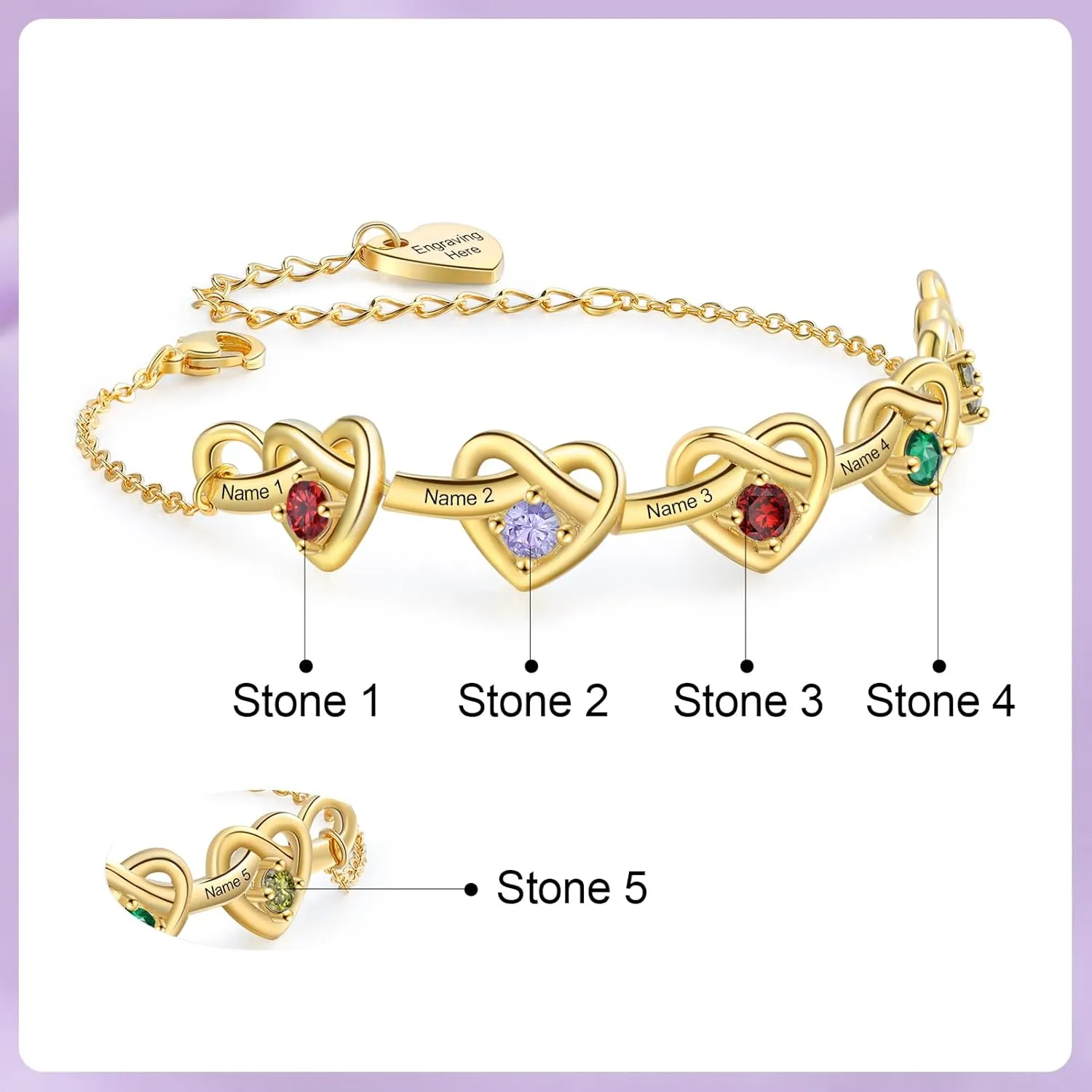 Personalized Bracelets for Women, Mother's Day Gift for Mom, Grandma, Wife, Daughter, Mother Birthstone Bracelet with Egraved Names Custom Charm Bracelet Promise Jewelry, 2-6 Names