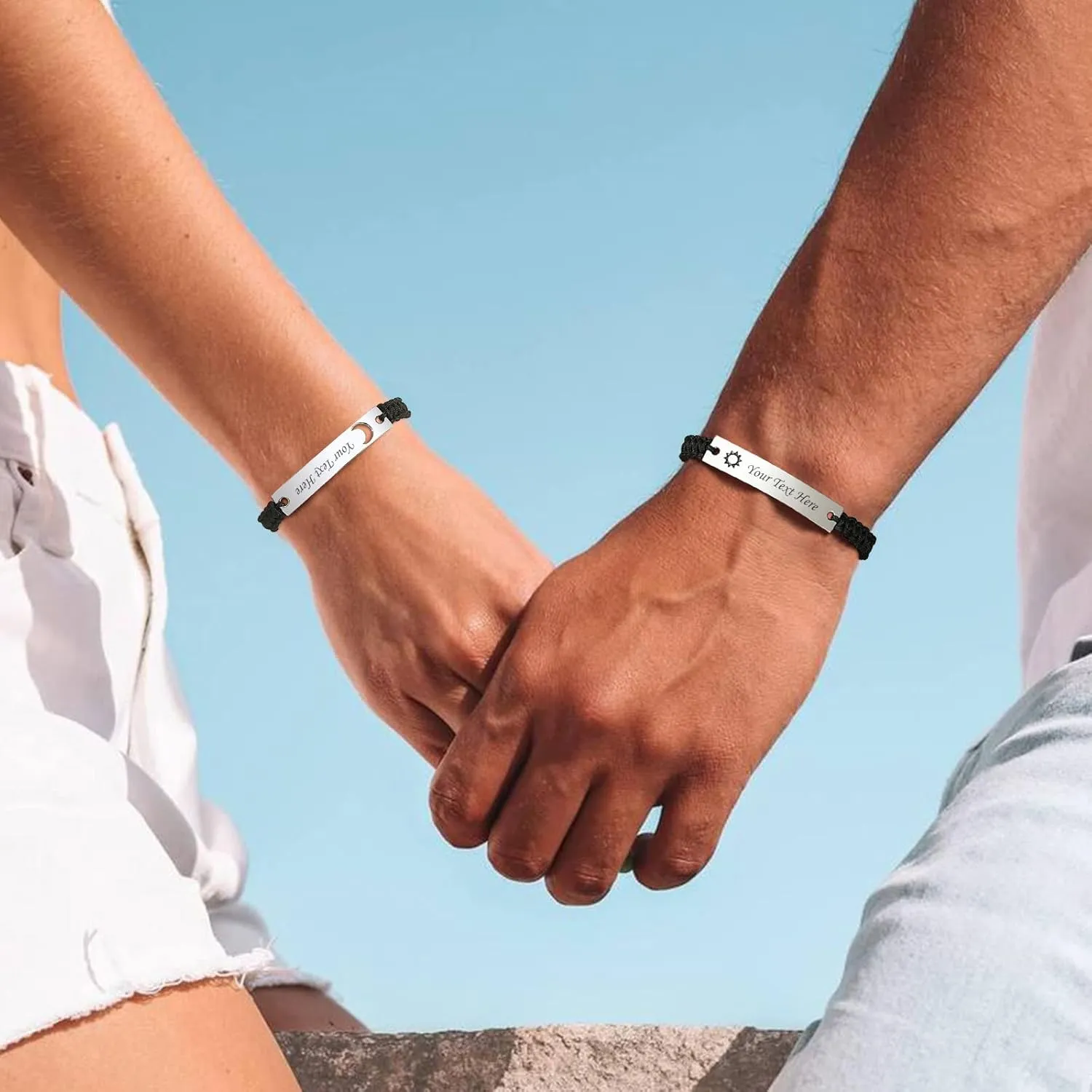 Personalized Couple Bracelet for him her- Custom Stainless Steel Hollow Sun Moon Name ID Plated Handmade Braided Rope Bracelets, His Her Matching Distance Bracelets For Lover Friendship Family