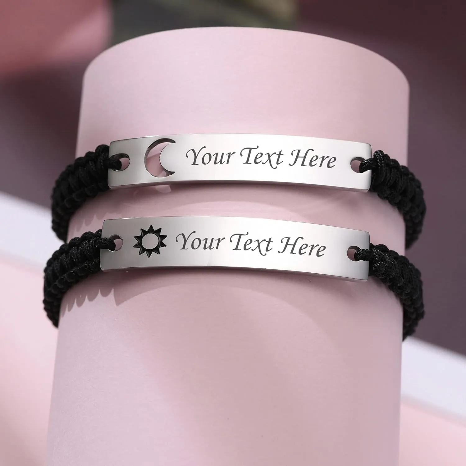 Personalized Couple Bracelet for him her- Custom Stainless Steel Hollow Sun Moon Name ID Plated Handmade Braided Rope Bracelets, His Her Matching Distance Bracelets For Lover Friendship Family
