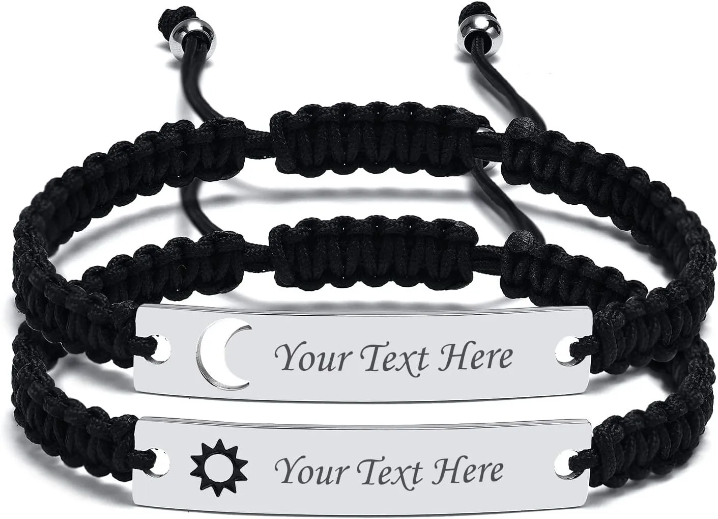 Personalized Couple Bracelet for him her- Custom Stainless Steel Hollow Sun Moon Name ID Plated Handmade Braided Rope Bracelets, His Her Matching Distance Bracelets For Lover Friendship Family