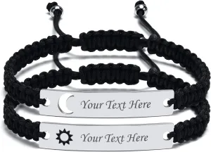 Personalized Couple Bracelet for him her- Custom Stainless Steel Hollow Sun Moon Name ID Plated Handmade Braided Rope Bracelets, His Her Matching Distance Bracelets For Lover Friendship Family