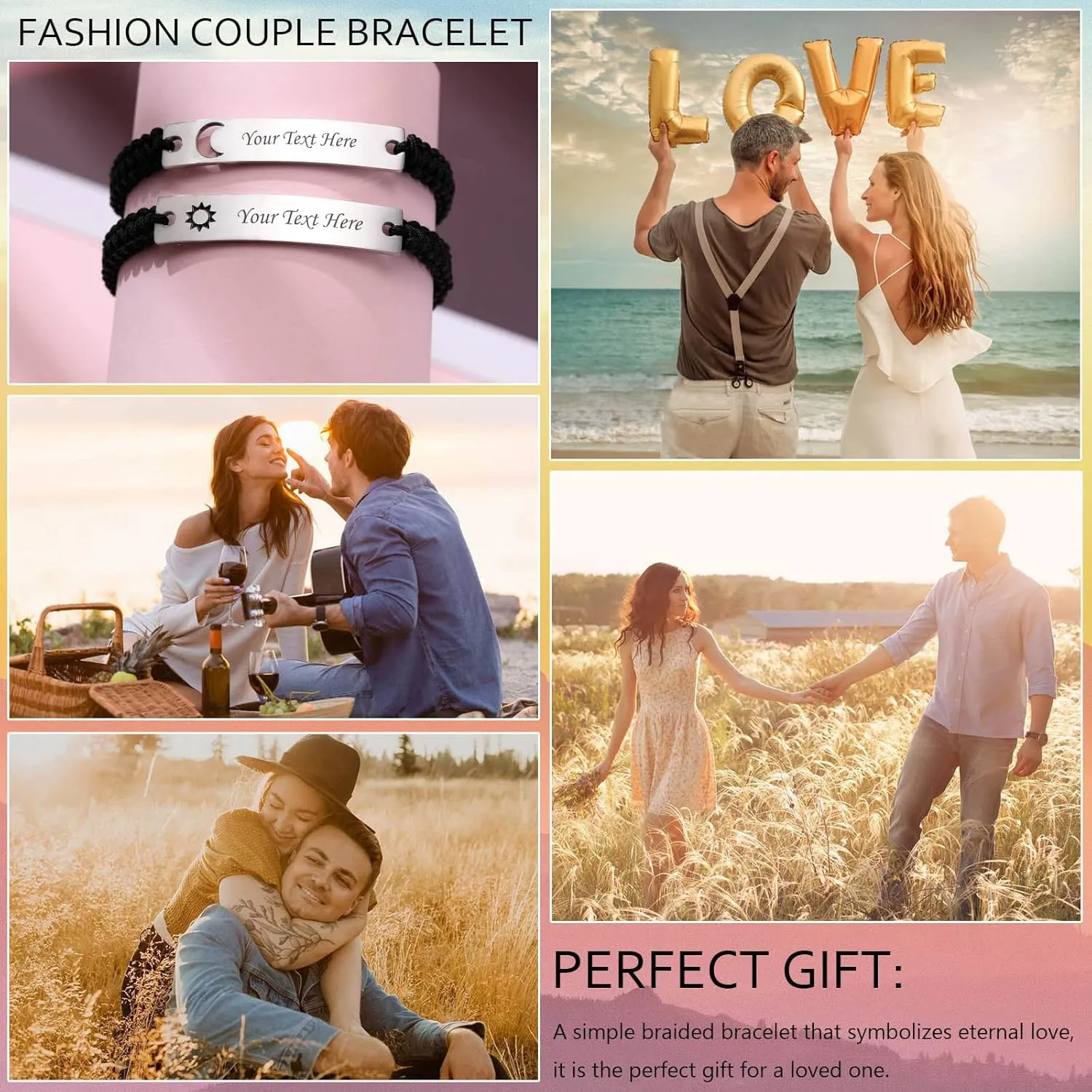 Personalized Couple Bracelet for him her- Custom Stainless Steel Hollow Sun Moon Name ID Plated Handmade Braided Rope Bracelets, His Her Matching Distance Bracelets For Lover Friendship Family
