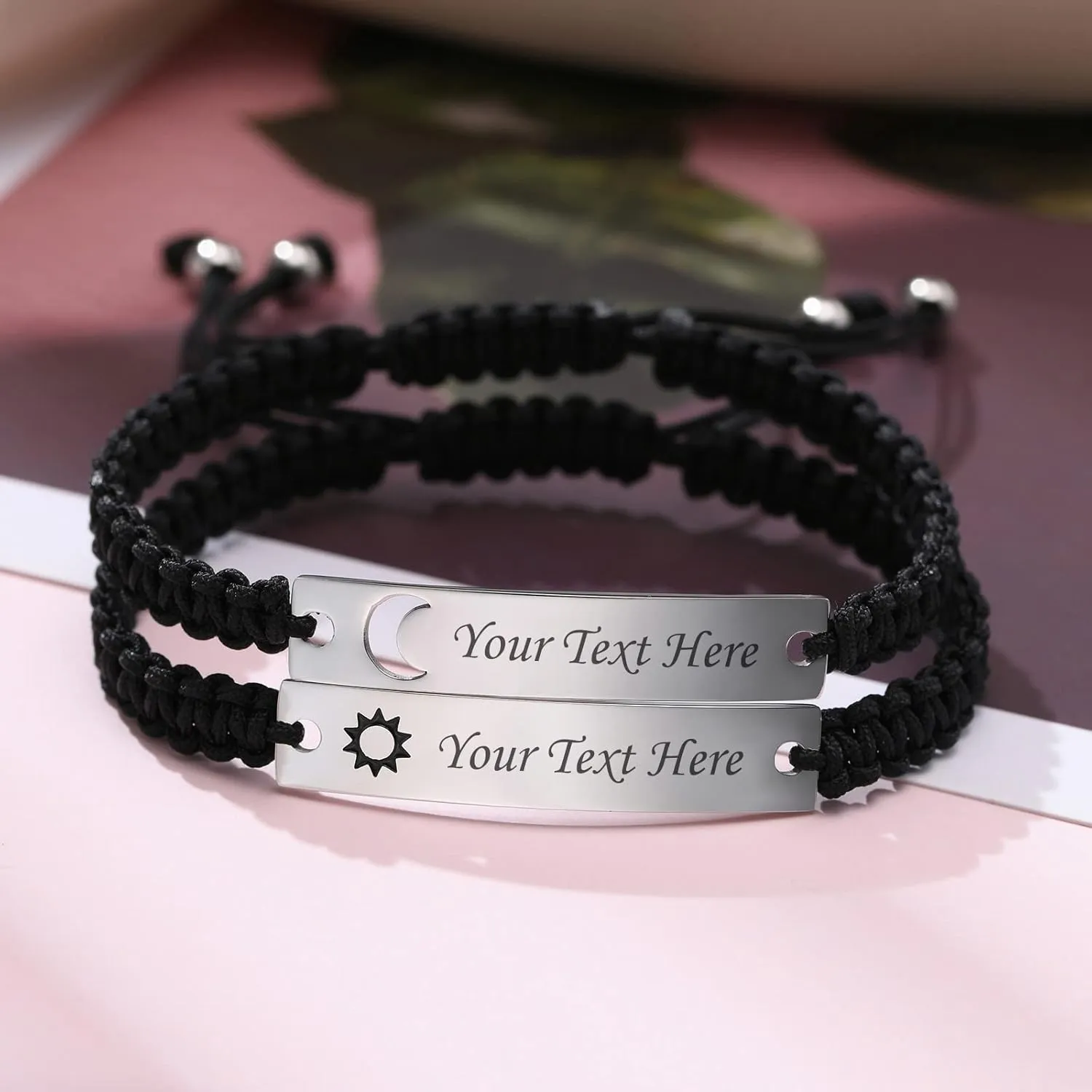 Personalized Couple Bracelet for him her- Custom Stainless Steel Hollow Sun Moon Name ID Plated Handmade Braided Rope Bracelets, His Her Matching Distance Bracelets For Lover Friendship Family
