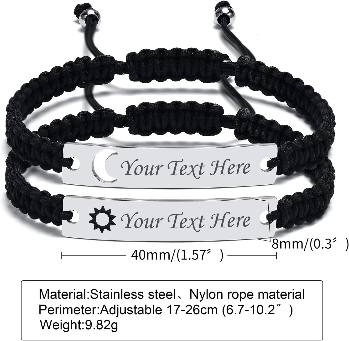 Personalized Couple Bracelet for him her- Custom Stainless Steel Hollow Sun Moon Name ID Plated Handmade Braided Rope Bracelets, His Her Matching Distance Bracelets For Lover Friendship Family