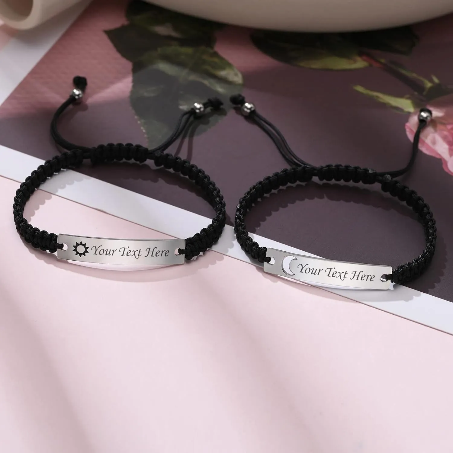 Personalized Couple Bracelet for him her- Custom Stainless Steel Hollow Sun Moon Name ID Plated Handmade Braided Rope Bracelets, His Her Matching Distance Bracelets For Lover Friendship Family