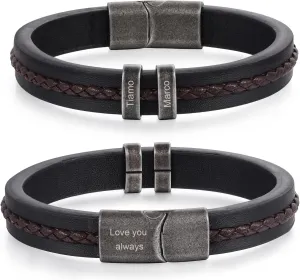 Personalized Custom Name Bracelets for Men - Mens Leather Bracelet with 2-5 Kids Names Customized Gifts for Dad Husband Son