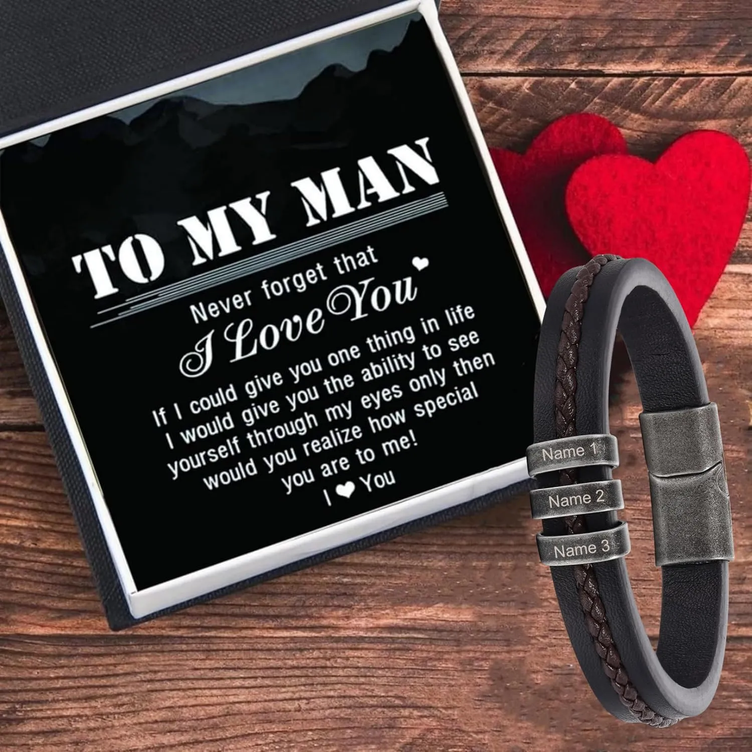 Personalized Custom Name Bracelets for Men - Mens Leather Bracelet with 2-5 Kids Names Customized Gifts for Dad Husband Son