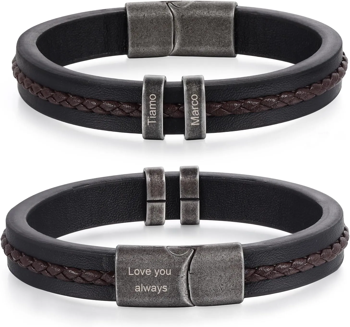 Personalized Custom Name Bracelets for Men - Mens Leather Bracelet with 2-5 Kids Names Customized Gifts for Dad Husband Son