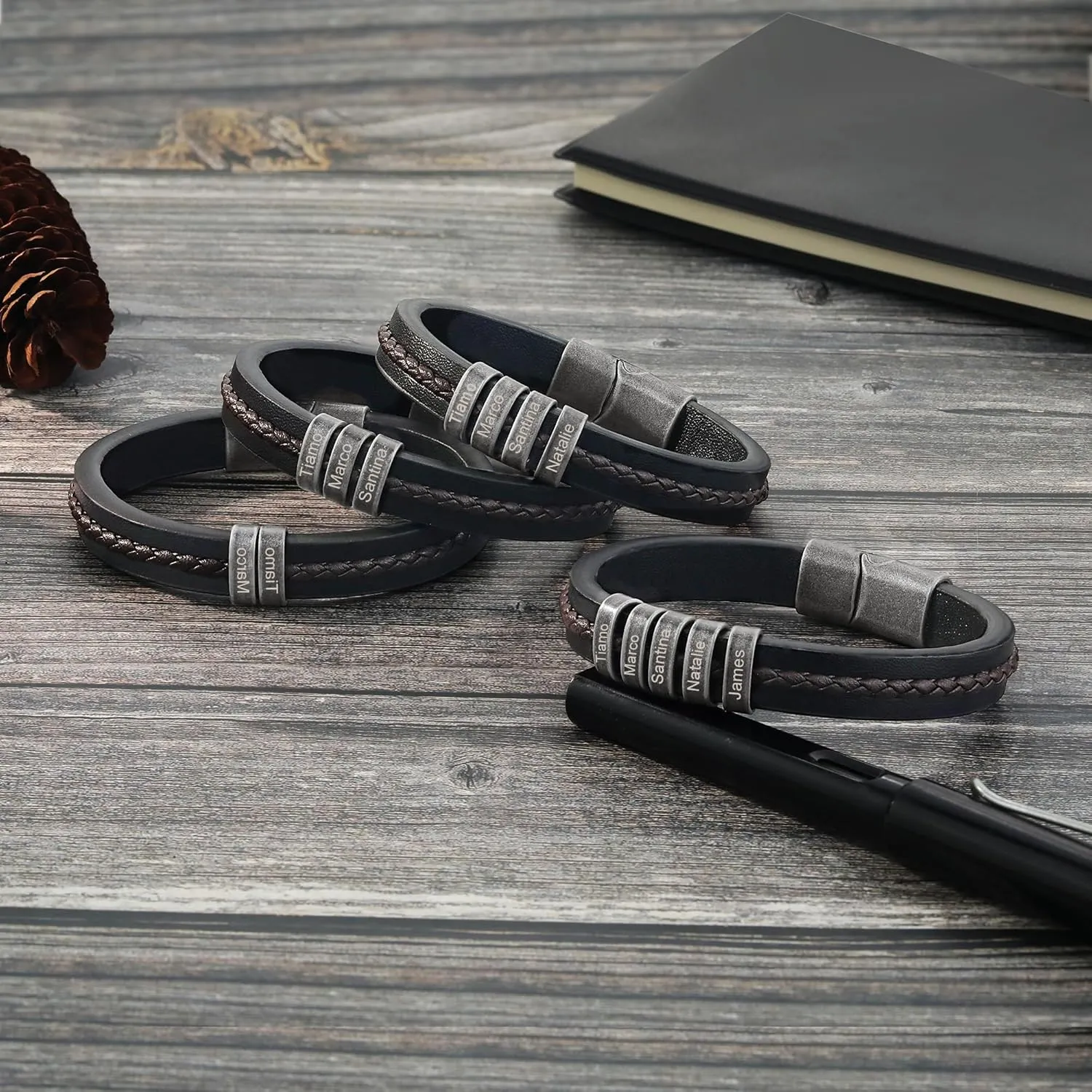 Personalized Custom Name Bracelets for Men - Mens Leather Bracelet with 2-5 Kids Names Customized Gifts for Dad Husband Son