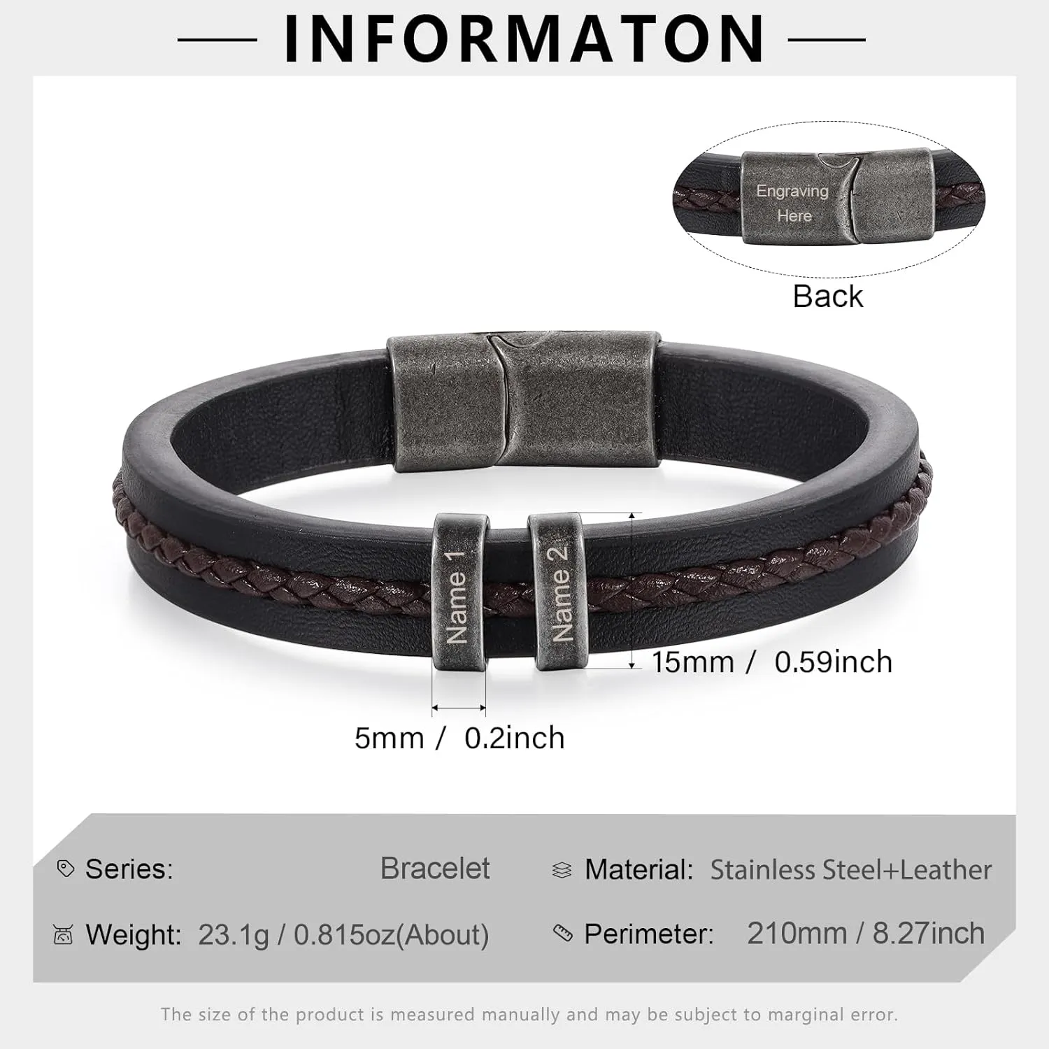 Personalized Custom Name Bracelets for Men - Mens Leather Bracelet with 2-5 Kids Names Customized Gifts for Dad Husband Son
