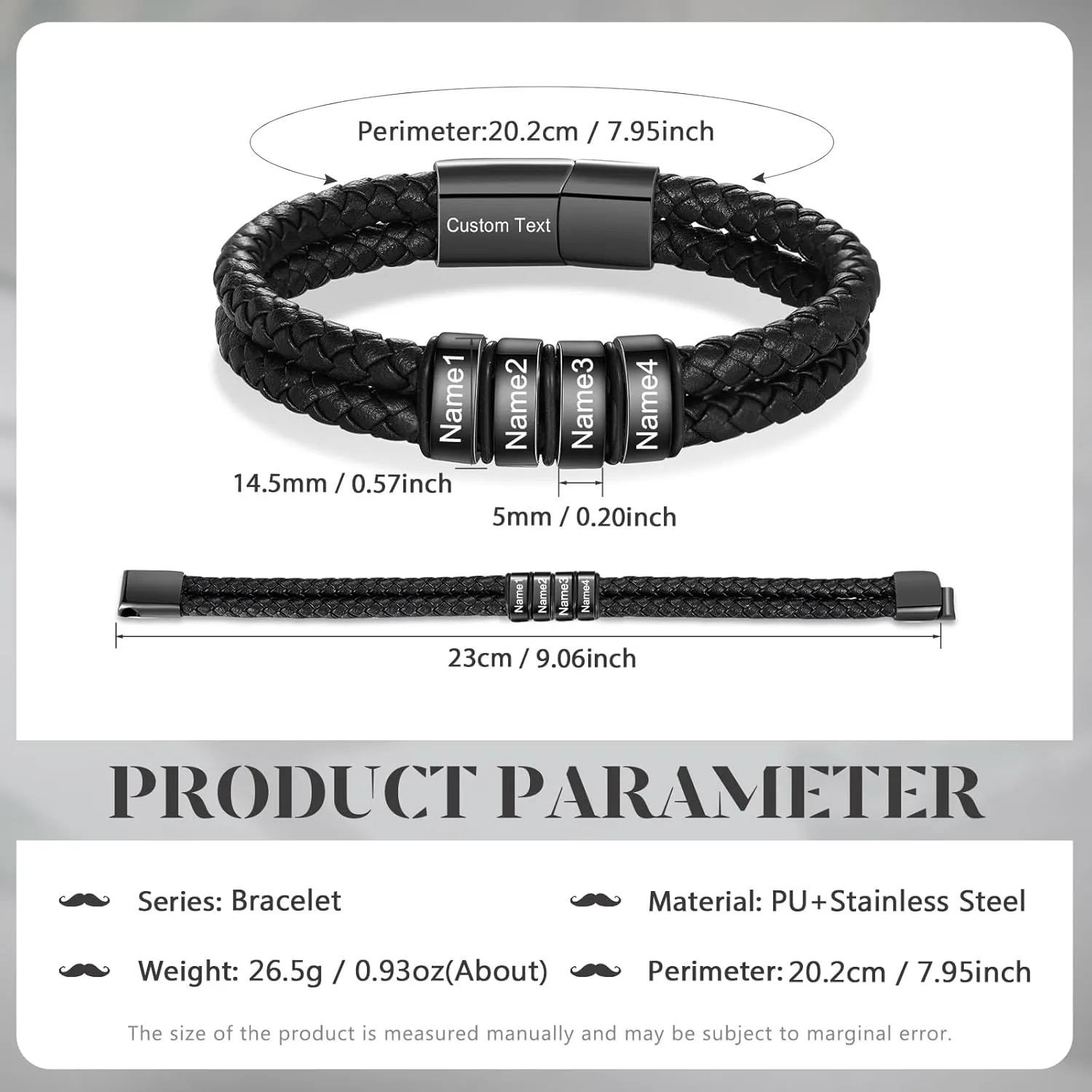 Personalized Custom Name Bracelets for Men - Mens Leather Bracelet with 2-6 Family Names,Customized Bracelet Father's Day Dad Gifts for Husband Son