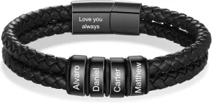 Personalized Custom Name Bracelets for Men - Mens Leather Bracelet with 2-6 Family Names,Customized Bracelet Father's Day Dad Gifts for Husband Son