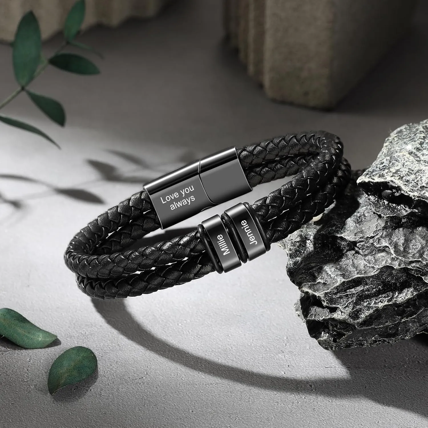 Personalized Custom Name Bracelets for Men - Mens Leather Bracelet with 2-6 Family Names,Customized Bracelet Father's Day Dad Gifts for Husband Son