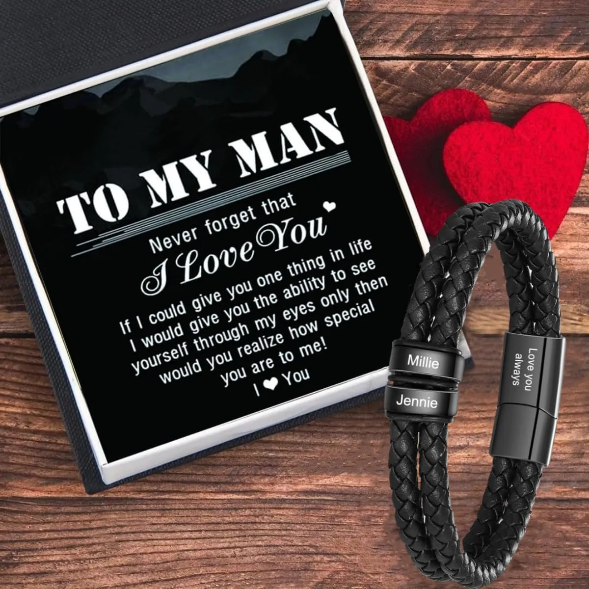Personalized Custom Name Bracelets for Men - Mens Leather Bracelet with 2-6 Family Names,Customized Bracelet Father's Day Dad Gifts for Husband Son