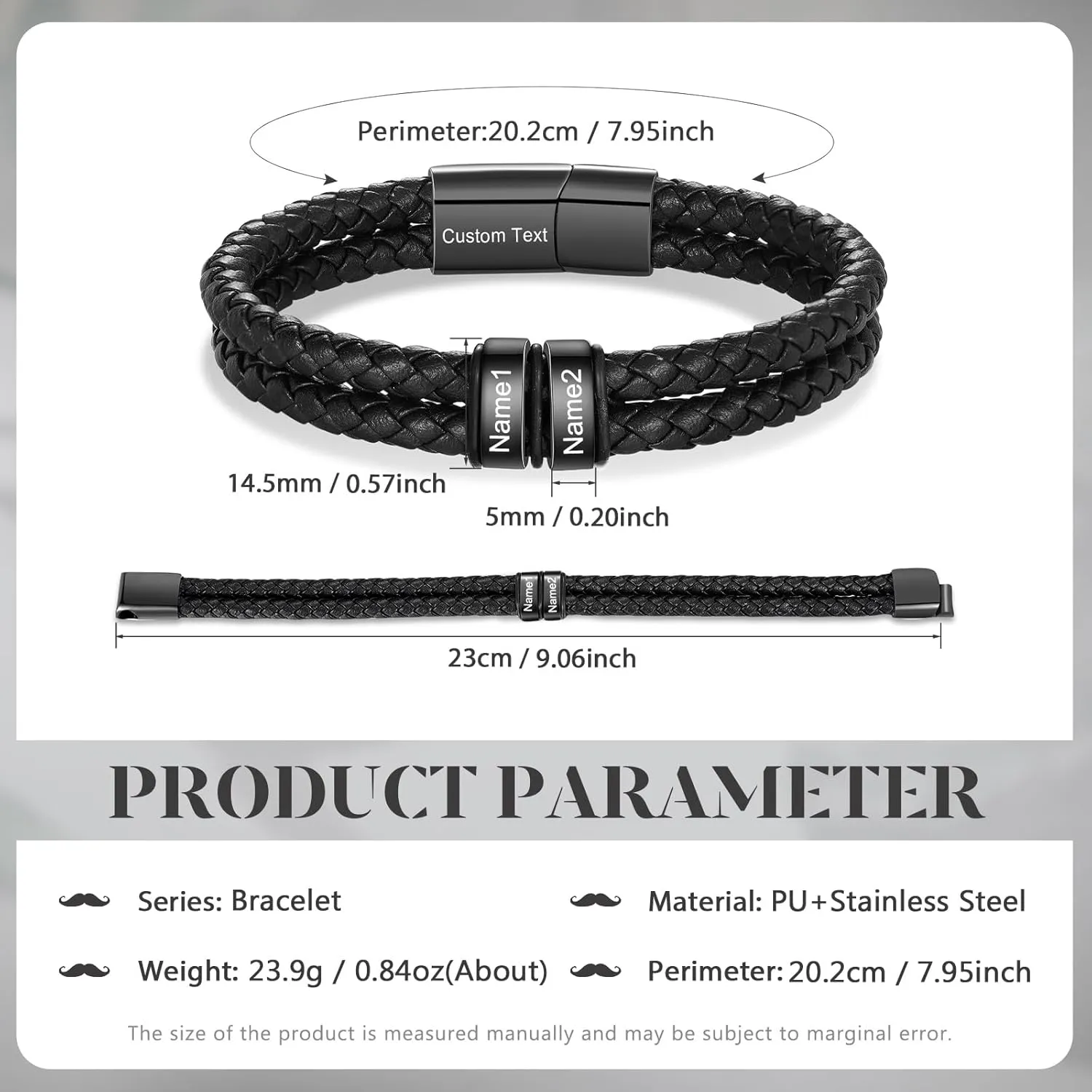 Personalized Custom Name Bracelets for Men - Mens Leather Bracelet with 2-6 Family Names,Customized Bracelet Father's Day Dad Gifts for Husband Son