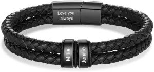 Personalized Custom Name Bracelets for Men - Mens Leather Bracelet with 2-6 Family Names,Customized Bracelet Father's Day Dad Gifts for Husband Son