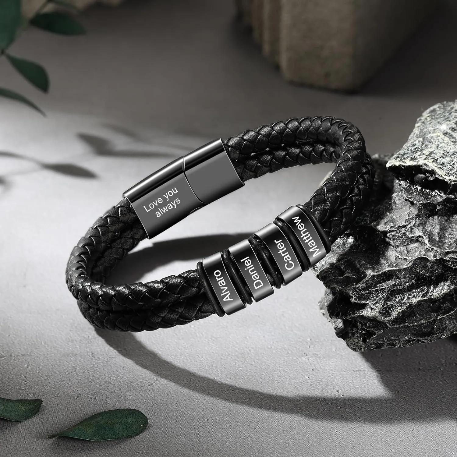 Personalized Custom Name Bracelets for Men - Mens Leather Bracelet with 2-6 Family Names,Customized Bracelet Father's Day Dad Gifts for Husband Son