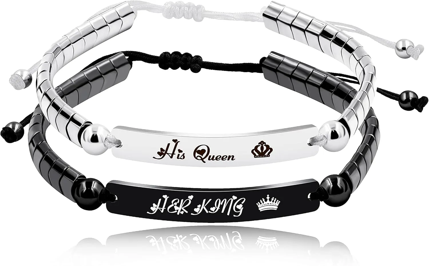 Personalized Handmade Braided Rope ID Plate Couples Bracelets for Women Men Dad Stainless Steel Engraving Name Plate Friendship with Black Natural Hematite Stone Y1456 (WhiteHisQueen-BlackHerKing)