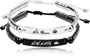 Personalized Handmade Braided Rope ID Plate Couples Bracelets for Women Men Dad Stainless Steel Engraving Name Plate Friendship with Black Natural Hematite Stone Y1456 (WhiteHisQueen-BlackHerKing)