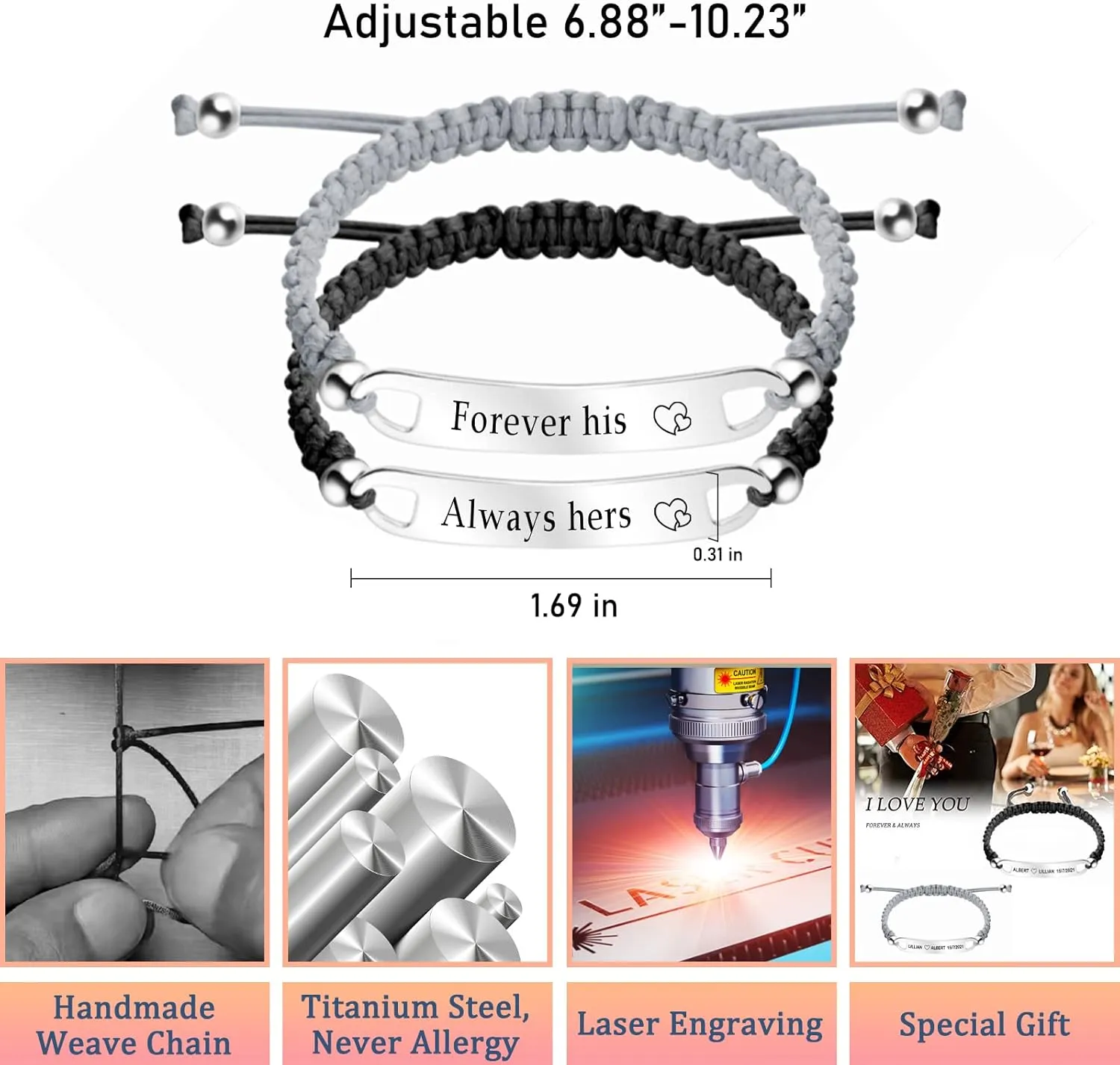 Personalized ID Couple Bracelets Custom Engraved Hand Braided Rope Wrist Bracelet Men Women Friendship Adjustable Custom Valentine's Day