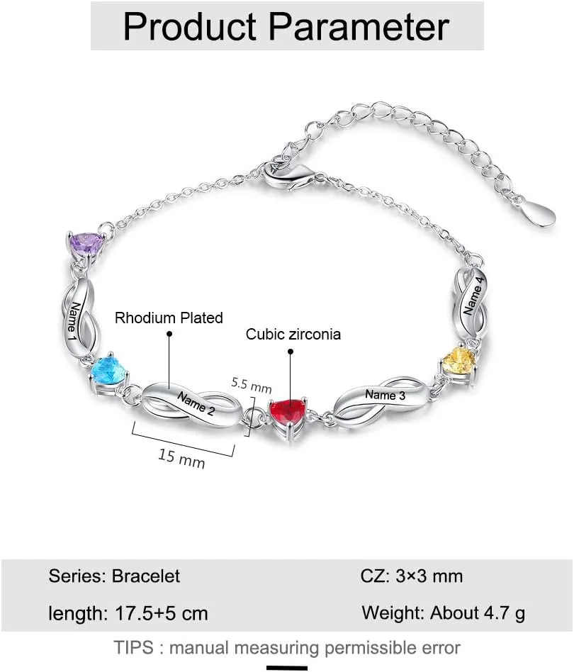 Personalized Infinity Mothers Bracelets Custom 1-7 Names Heart Birthstone Bracelets for Women Adjustable Link Bracelet Gifts for Mom Grandma