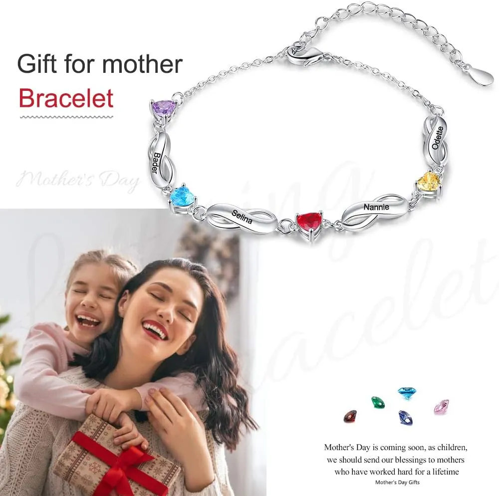 Personalized Infinity Mothers Bracelets Custom 1-7 Names Heart Birthstone Bracelets for Women Adjustable Link Bracelet Gifts for Mom Grandma