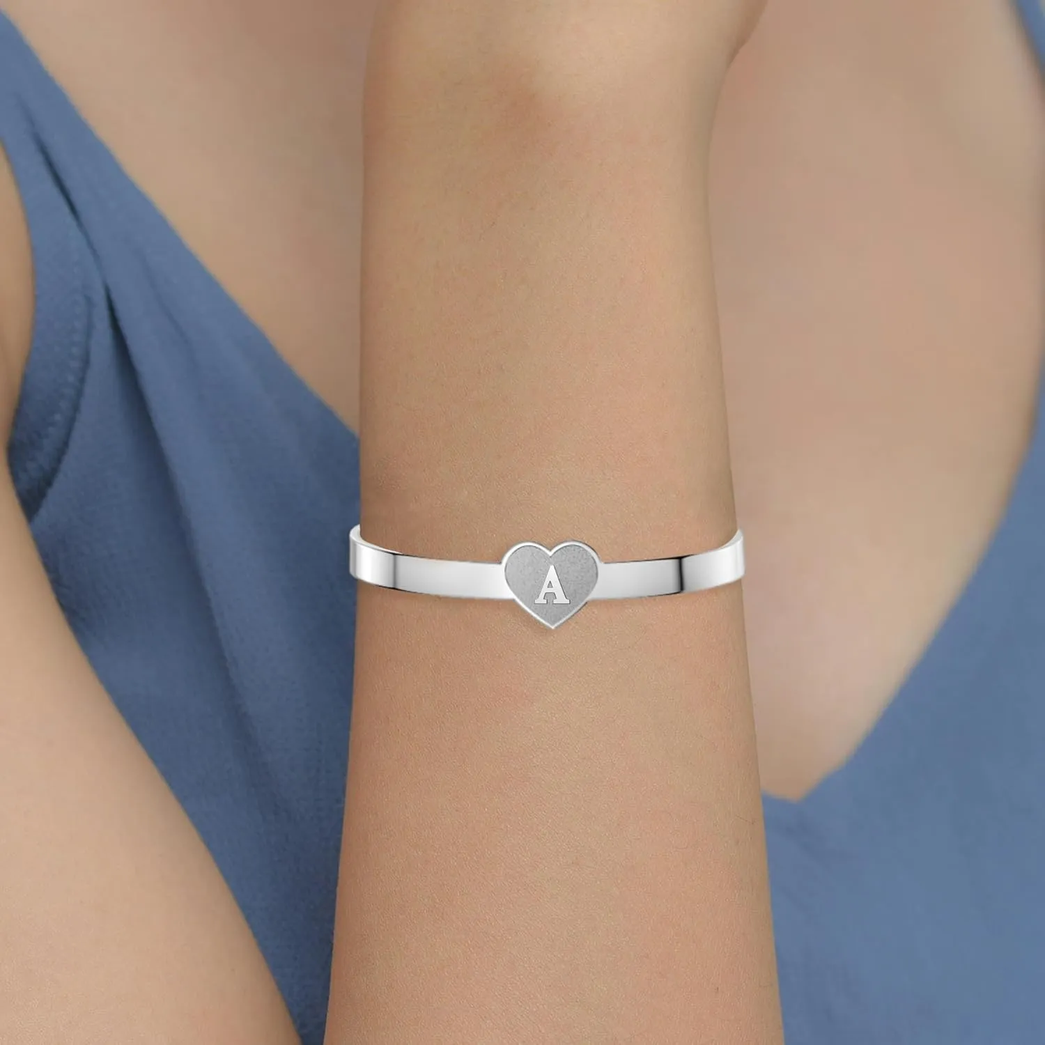 Personalized Initial Cuff Bangle Bracelets for Women Letter Custom Engraved Heart Friendship Bracelet for Men